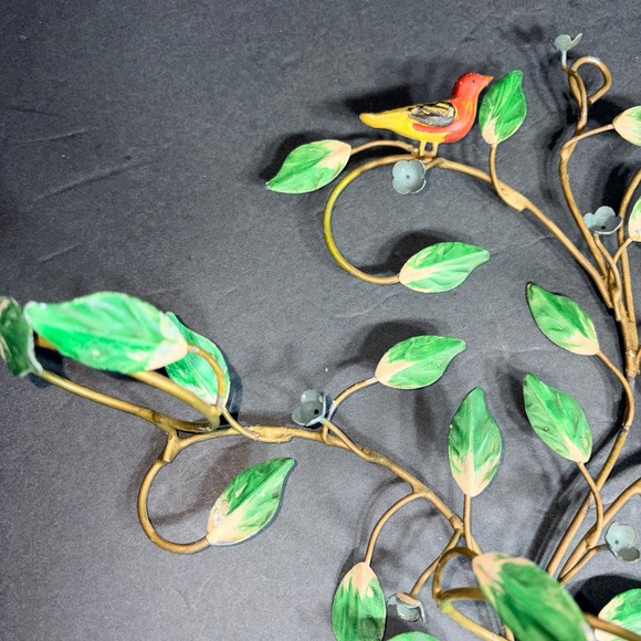 Vtg Toleware Birds on Branch Wall Art Candle Holders Red Songbirds Green Leaves - Picture 3 of 16